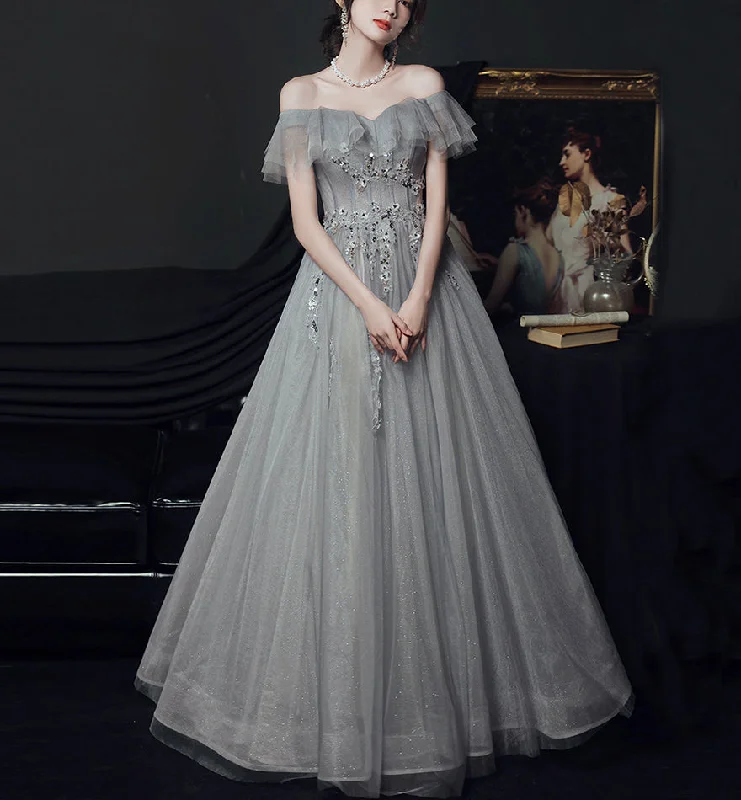 Statement dresses for making a fashion statementGray tulle lace long prom dress evening dress  8436