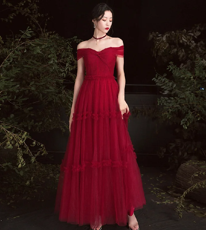 Halter dresses for womenBurgundy tulle off shoulder prom dress evening dress  8391