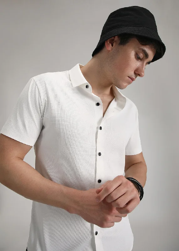 tops made from performance fabrics for menWhite Self Patterned Stitchless Shirt
