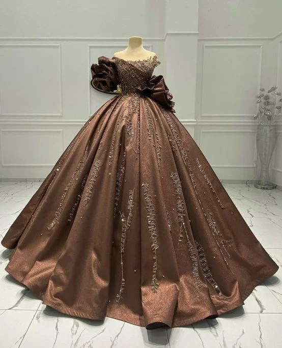 Fit-and-flare dresses for womenBrown Gorgeous Exquisite Beaded Elegant Long satin Ball Gown Evening Dress gh3167