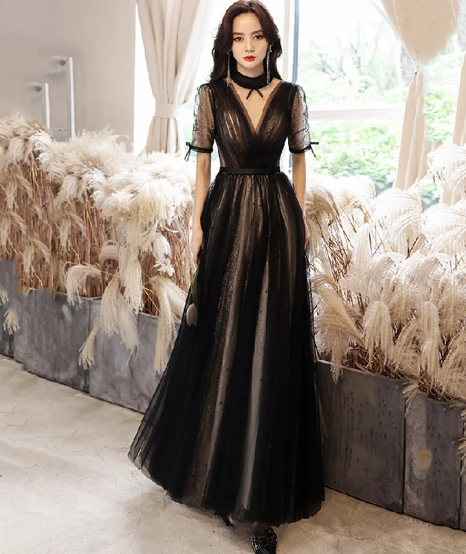 Vintage-inspired dresses for retro fashion loversBlack tulle long prom dress black evening dress  8529