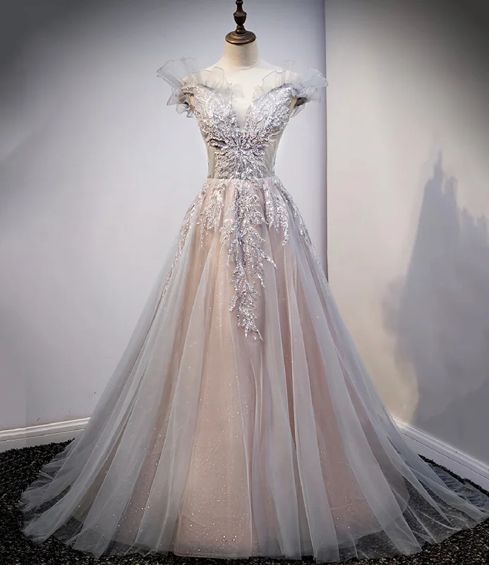Flutter sleeve dresses for womenCute lace long A line prom dress evening dress  8726