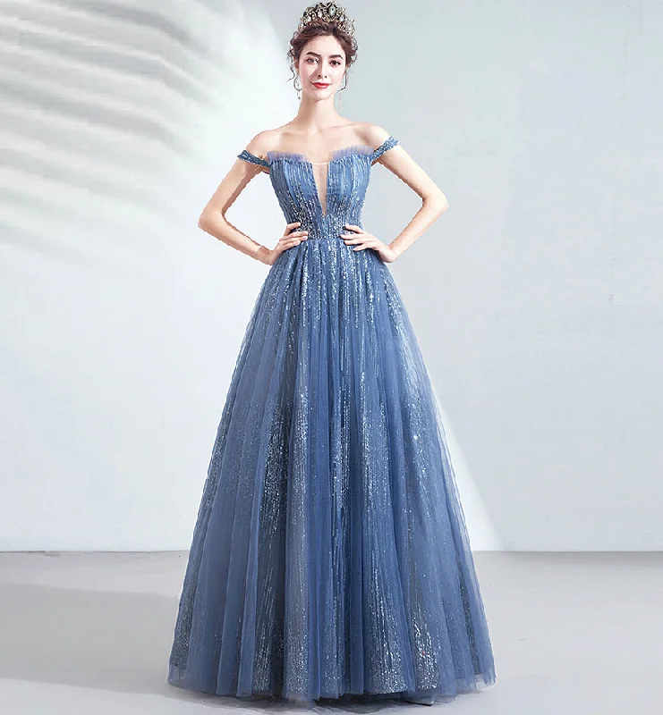 Workout dresses for active lifestylesBlue tulle sequins long prom dress evening dress  8433