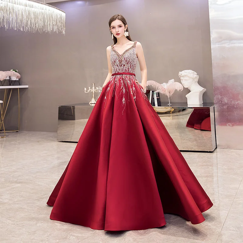 Vintage women's dressesHigh quality v neck beads long prom dress red evening dress  8525