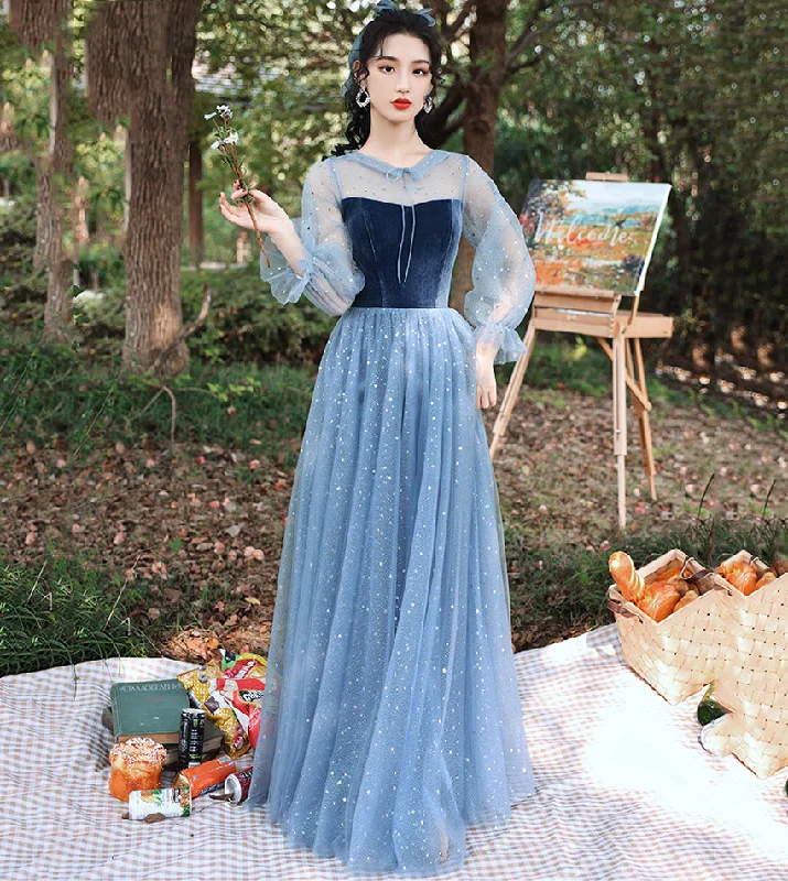 Transitional dresses for in-between seasonsBlue velvet tulle long prom dress blue evening dress  8533