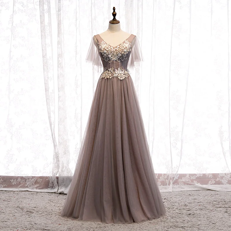 Festival dresses for music and arts eventsA line v neck lace long prom dress  8319