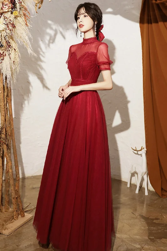 Autumn dresses for fall fashionBurgundy tulle long A line prom dress evening dress  8692