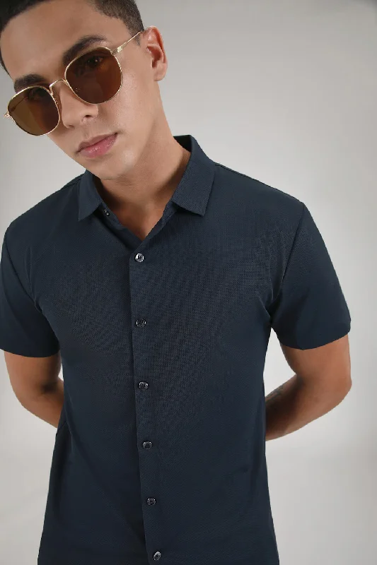 tailored-fit tops for menDark Blue Self Patterned Stitchless Shirt