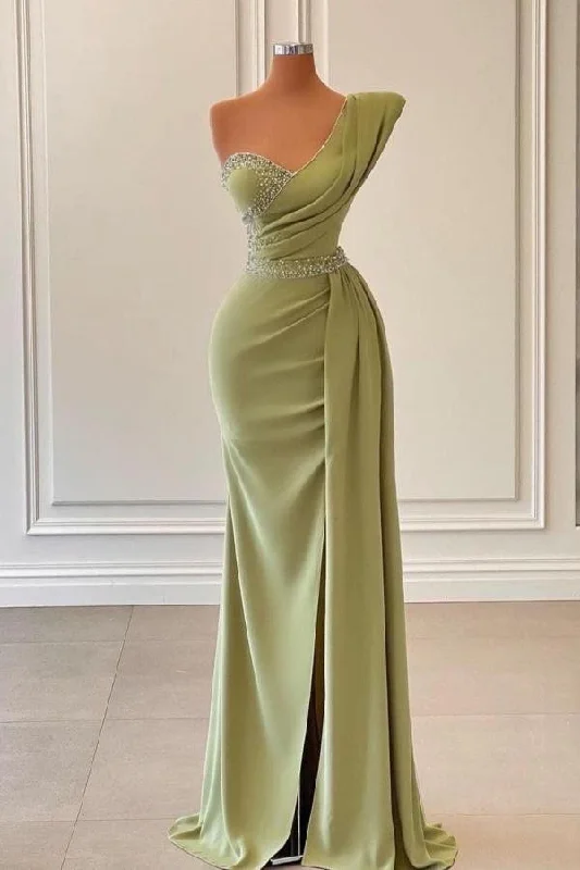 High-neck dresses for womenSage green elegant one shoulder slit long fitted mermaid ball gown evening dress with beads gh793
