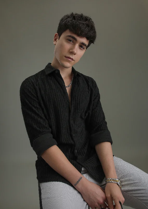 tops with embroidery for menBlack Corduroy Stripe Shirt