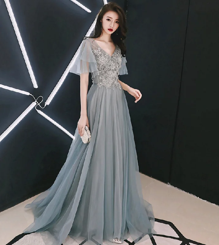 Layering dresses for versatile stylingGrey tulle lace long prom dress lace evening dress  8532