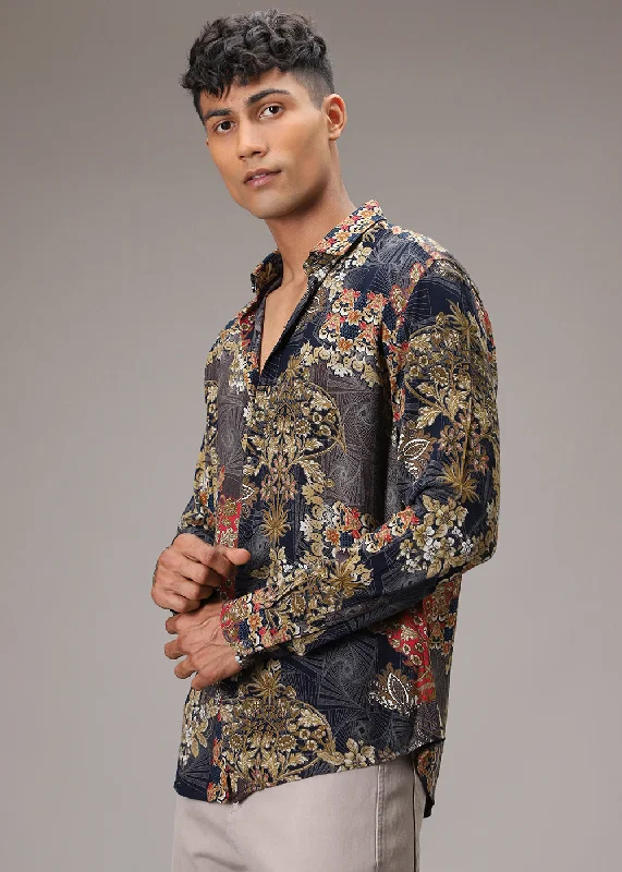 quilted jackets for menFloral Abstract Blue Feather Shirt