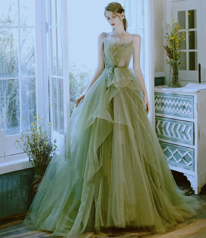 Low-cut dresses for womenGreen tulle long prom dress green evening dress  8599