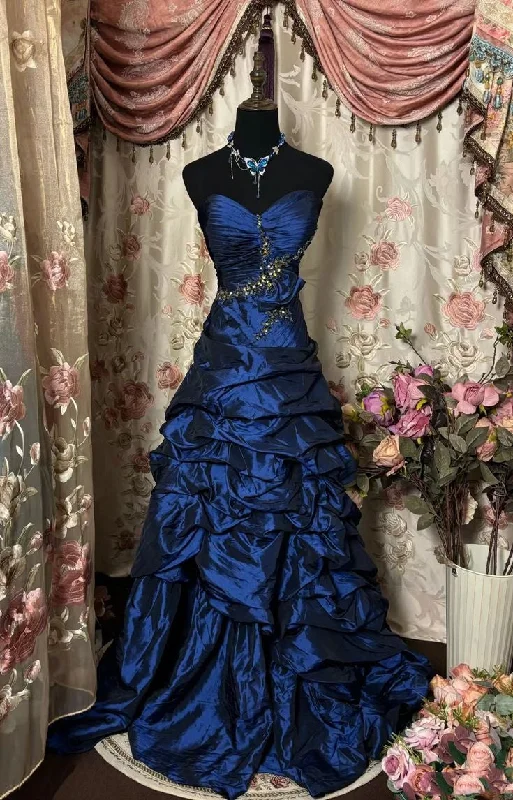 Backless dresses for womenBlue vintage rhinestone embellished elegant long pleated ball gown evening dress gh3057