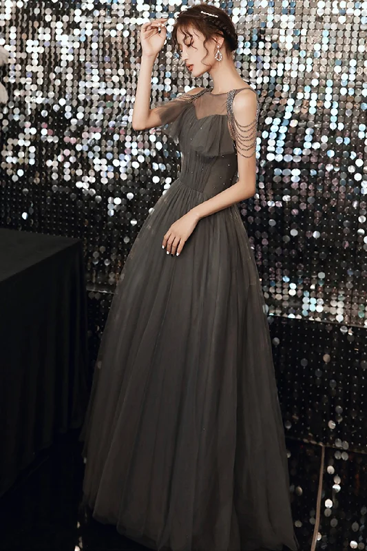 Bridesmaid dresses for womenGray tulle long A line prom dress evening dress  8672