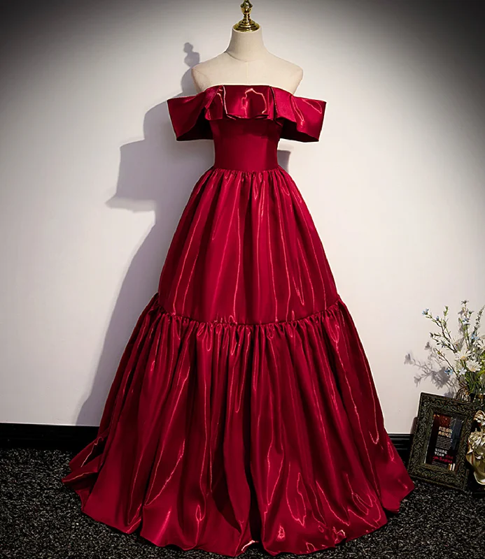 Polka dot dresses for womenRed satin off shoulder elegant simple long ball gown A-line evening dress 10019