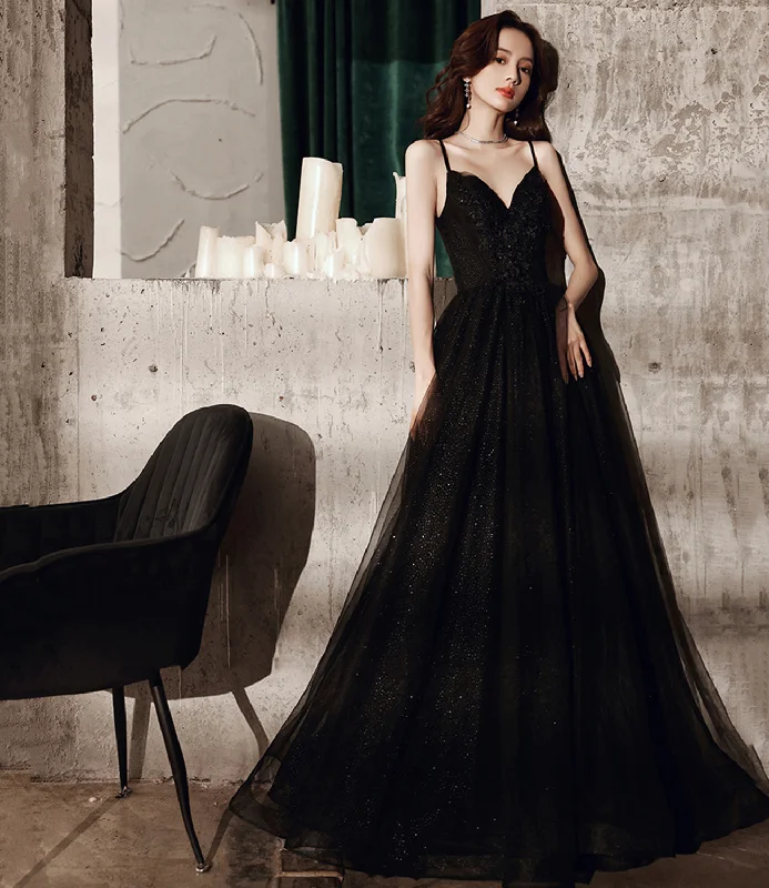 Wrap dresses for womenBlack tulle long A line prom dress evening dress  8664