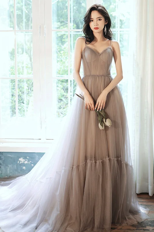 Denim dresses for womenStylish v neck tulle long A line prom dress evening dress  8719