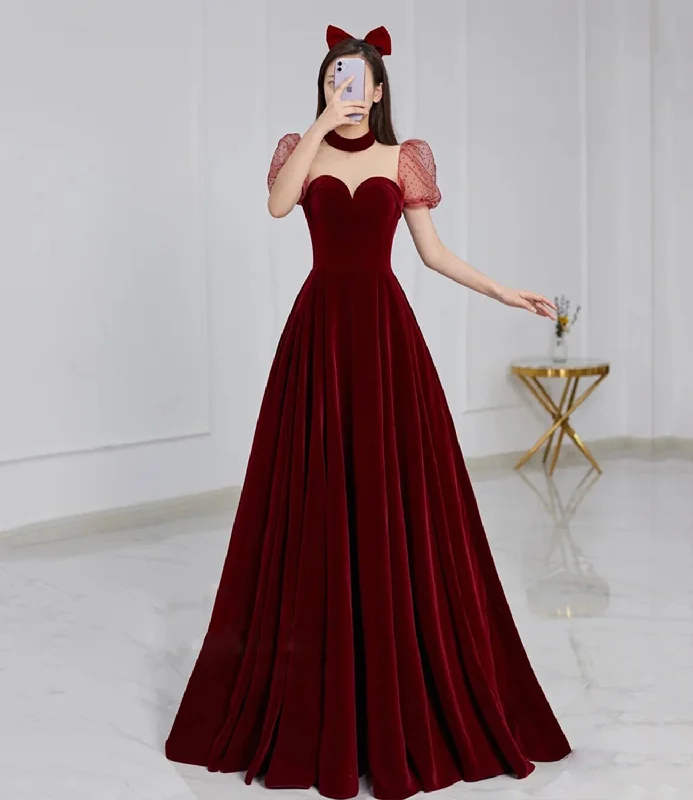 Short and sweet dresses for womenCute velvet long prom dress burgundy A line evening dress  8652