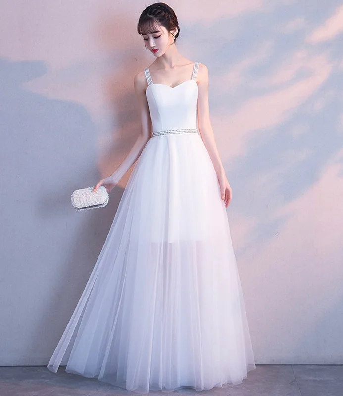 A-line dresses for womenWhite tulle long A line prom dress white evening dress  8669