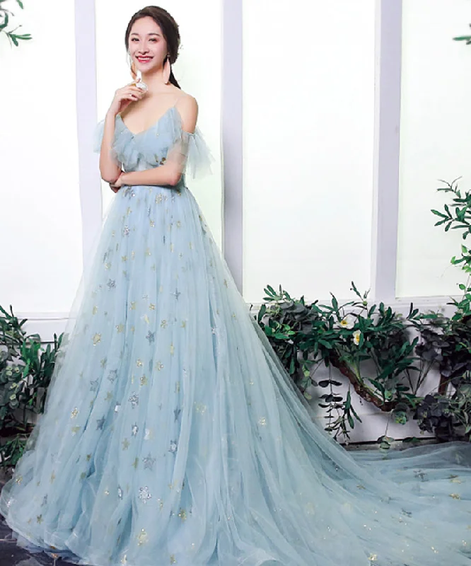 Evening women's dressesBlue tulle sequins prom dress formal dress  8298