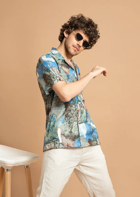 tops made from leather for menMosaic Blue Half Sleeve Shirt