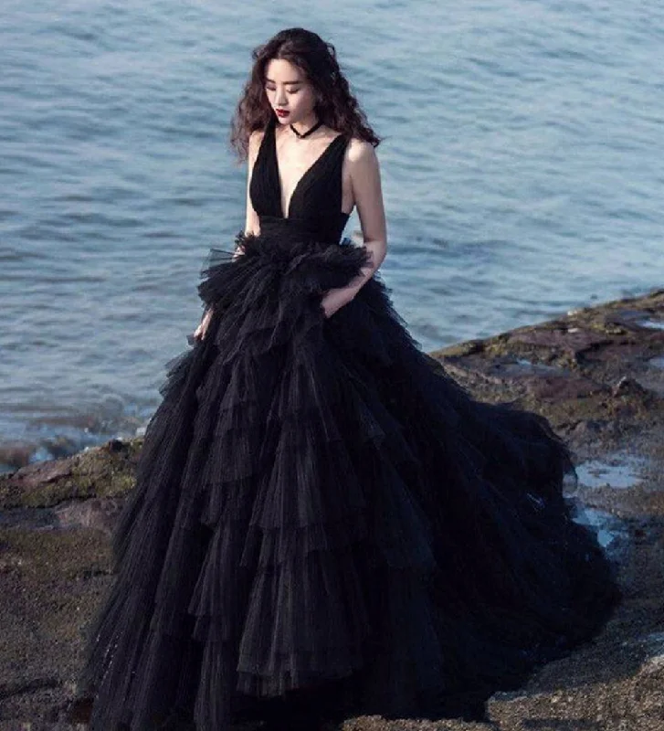 Wrap dresses for womenBlack v neck tulle long prom dress evening dress  8515