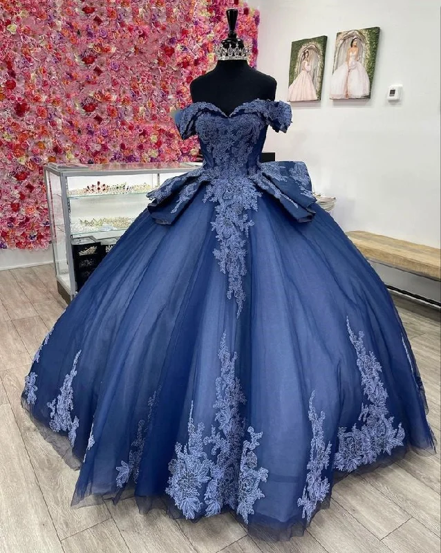 Lantern sleeve dresses for womenNavy blue gorgeous exquisite lace applique long tulle ball gown evening dress adult ceremony dress gh3346