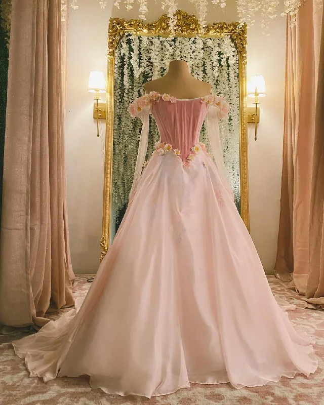Day dresses for everyday wearPink Gorgeous Exquisite Floral Long Elegant Fairy Off-shoulder Tulle Ball Gown Evening Dress gh3243