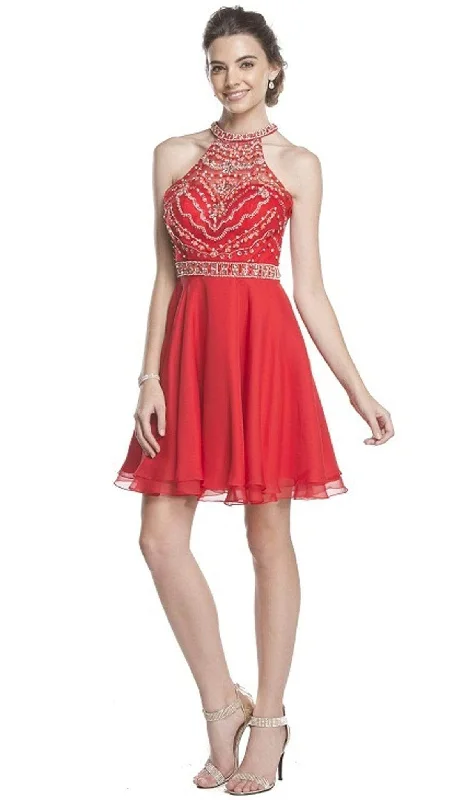 Peplum dresses for womenTrevi Collection S1601 - Embellished Halter Homecoming Dress