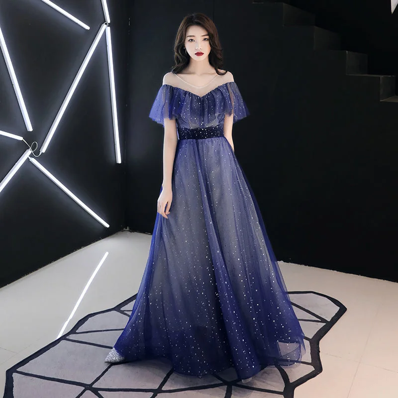 Autumn dresses for fall fashionBlue tulle sequins long prom dress  8336