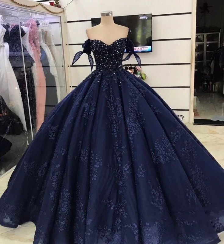 Bell sleeve dresses for womenBlue shiny elegant floral A-line long tulle ball gown evening dress gh3342