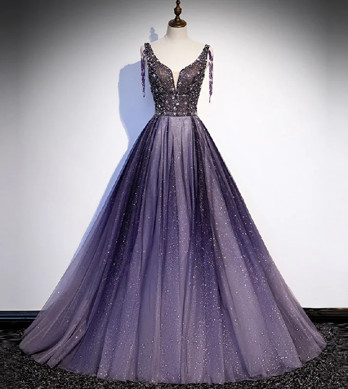 Designer dresses for high-end fashionPurple v neck tulle beads long prom dress evening dress  8556