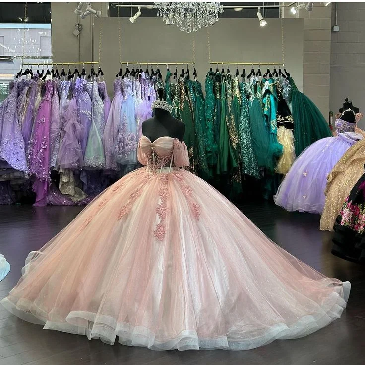 Short and sweet dresses for womenPink Glitter Off-shoulder Crystal Applique Lace Tulle Sweet Long Ball Gown Evening Gown Adult Ceremony Dress graduation dress gh3133