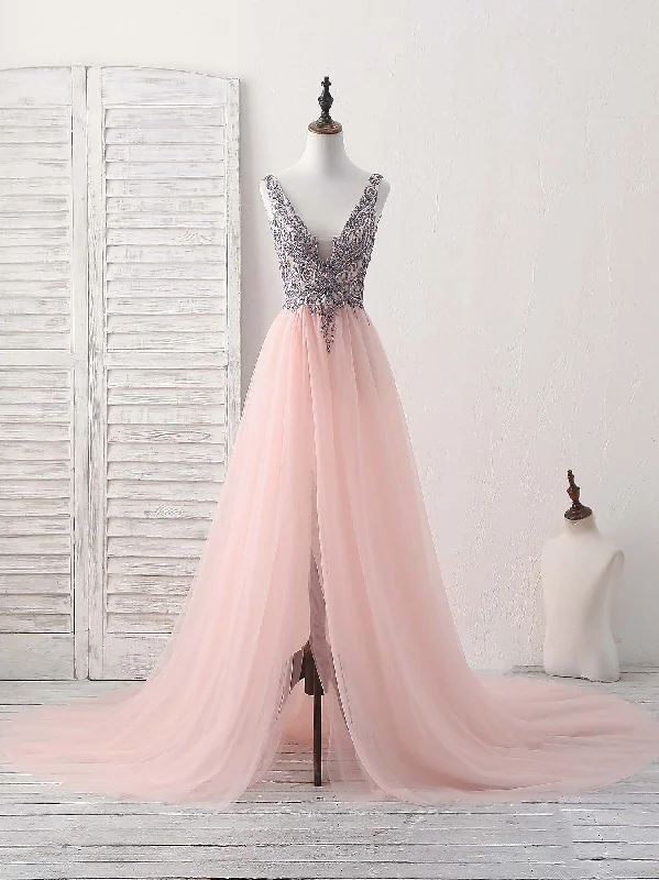 One-shoulder dresses for womenPink V Neck Tulle Beads Long Prom Dress, Pink Evening Dress