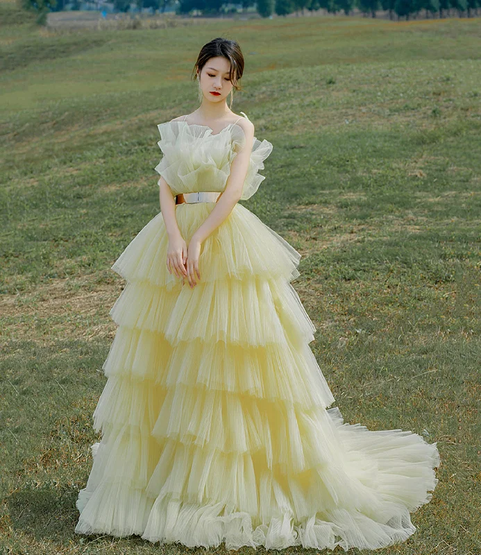 Ruched dresses for womenYellow tulle long ball gown dress A line evening gown  10304
