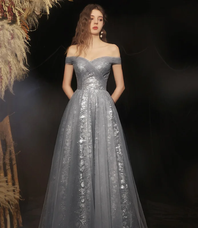 High-slit dresses for womenGrey long A line prom dress off shoulder evening dress  8592