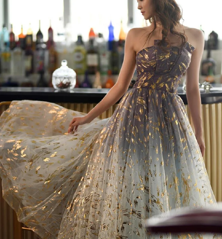 Plunging neckline dresses for womenA line tulle long prom gown formal dress  8466