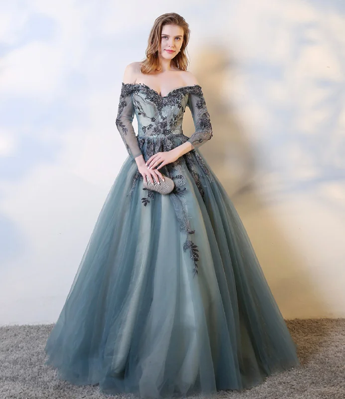 Bell sleeve dresses for womenBlue lace long A line prom dress evening dress  8583