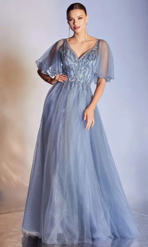 Lantern sleeve dresses for womenCinderella Divine CD0175- Embellished V Neck Gown