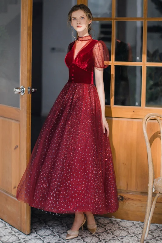 Tight-fitting dresses for womenBurgundy tulle short prom dress A line evening dress  8647