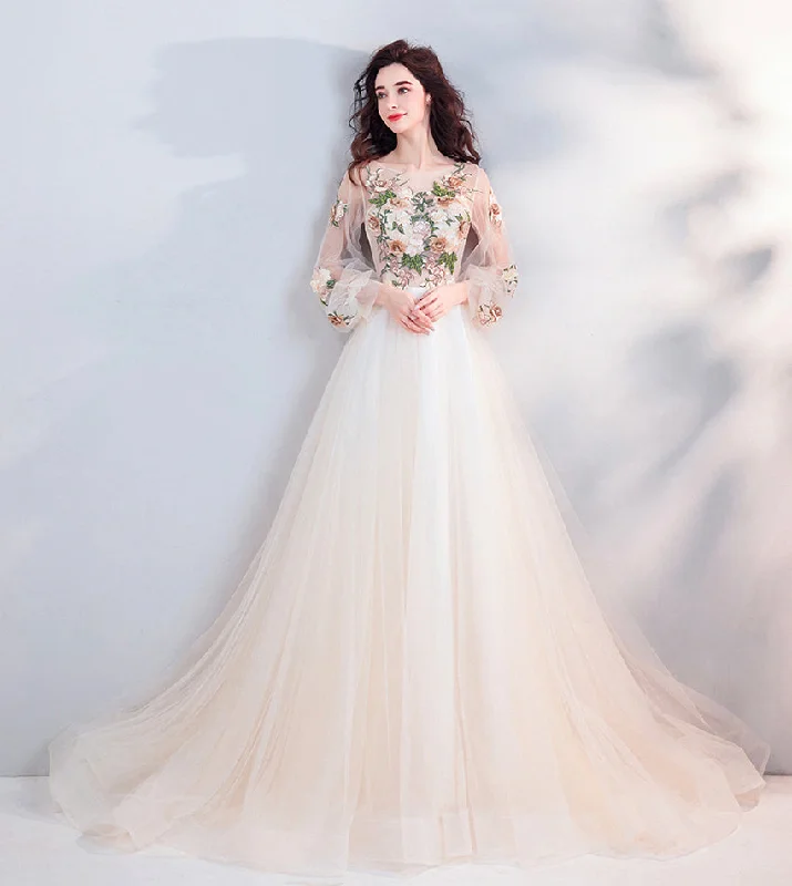 Leather dresses for womenLight champagne lace long prom dress evening dress  8451