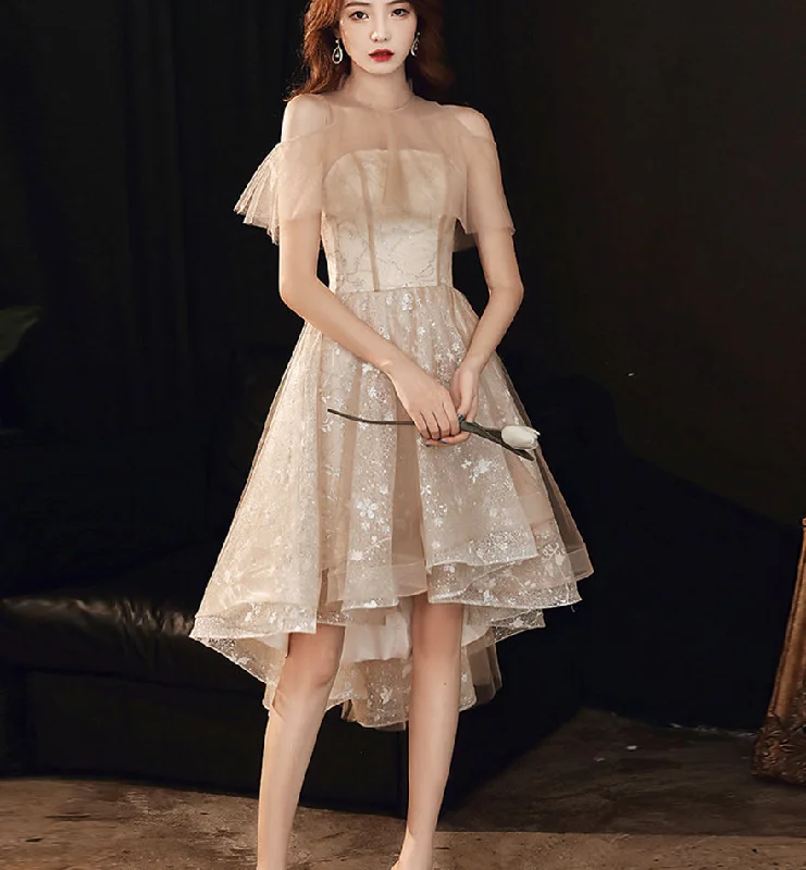 Synthetic dresses for budget-friendly optionsCute tulle high low prom dress shiny evening dress  8444