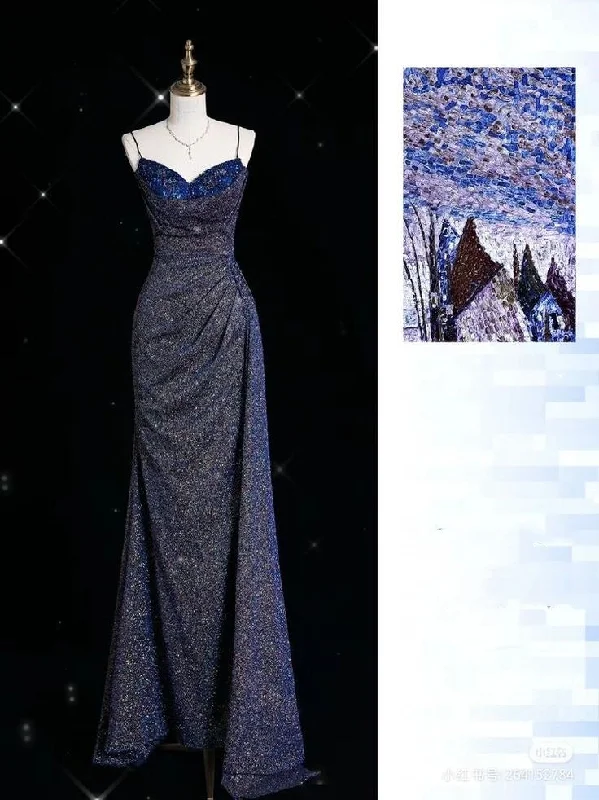 Round-neck dresses for womenBlue Shiny Elegant Spaghetti Straps Exquisite Beading Sexy Slit Long Mermaid Slim Sequin Ball Gown Evening Dress gh3359