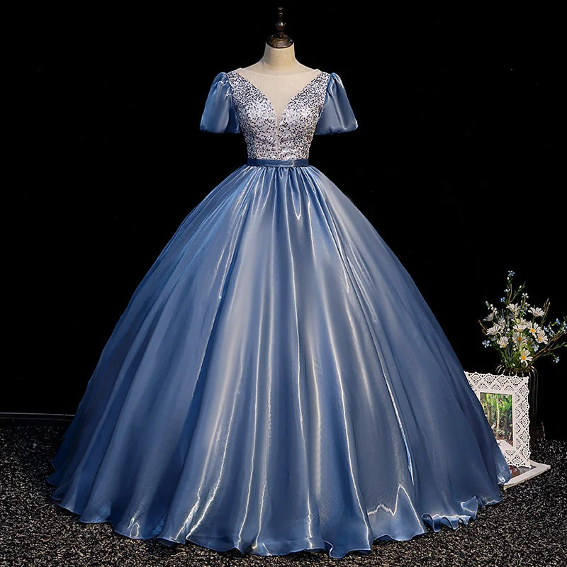 Bell sleeve dresses for womenBlue satin long ball gown dress blue evening gown  10092