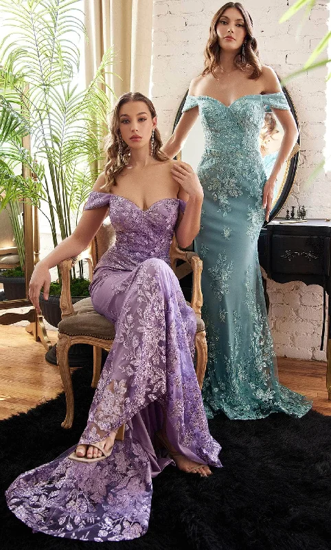 High-slit dresses for womenCinderella Divine OC014 - Elegant Beaded Off-Shoulder Evening Dress