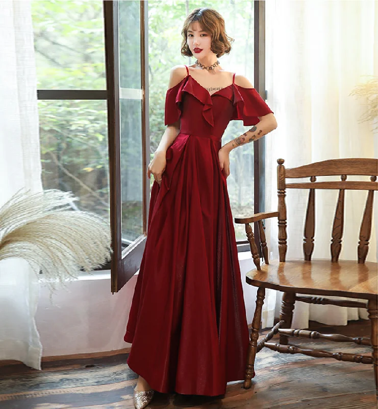 Ruched dresses for womenBurgundy satin prom dress simple evening dress  8379