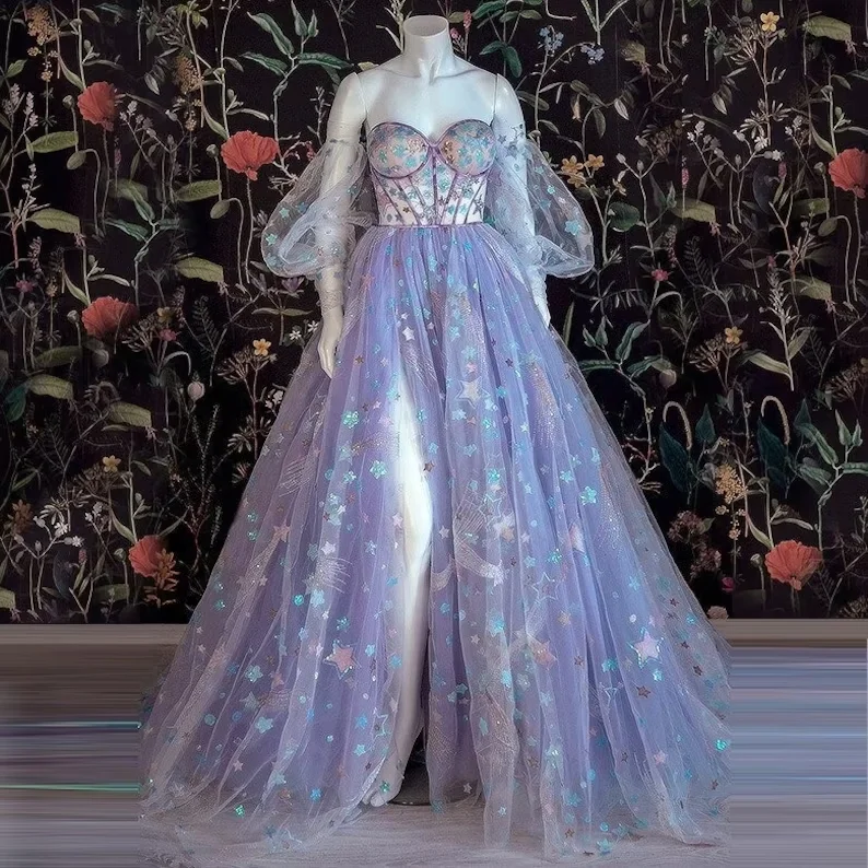 One-shoulder dresses for womenLight Purple Tulle Dress Floral Dress Off Shoulder Sweetheart Dress A-line Evening Dresses With Slit Start Applique Long Dress  gh1830