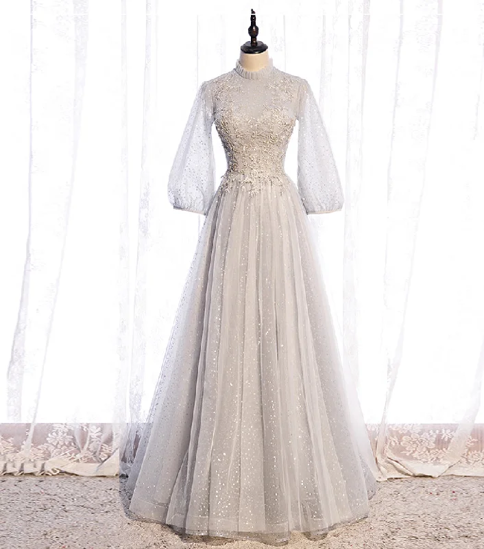 Dancewear dresses for performancesGray tulle sequins long prom dress evening dress  8542