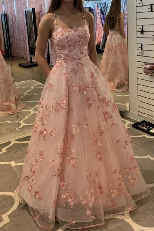 Fit-and-flare dresses for womenPink tulle lace long ball gown dress A line evening dress  gh2276